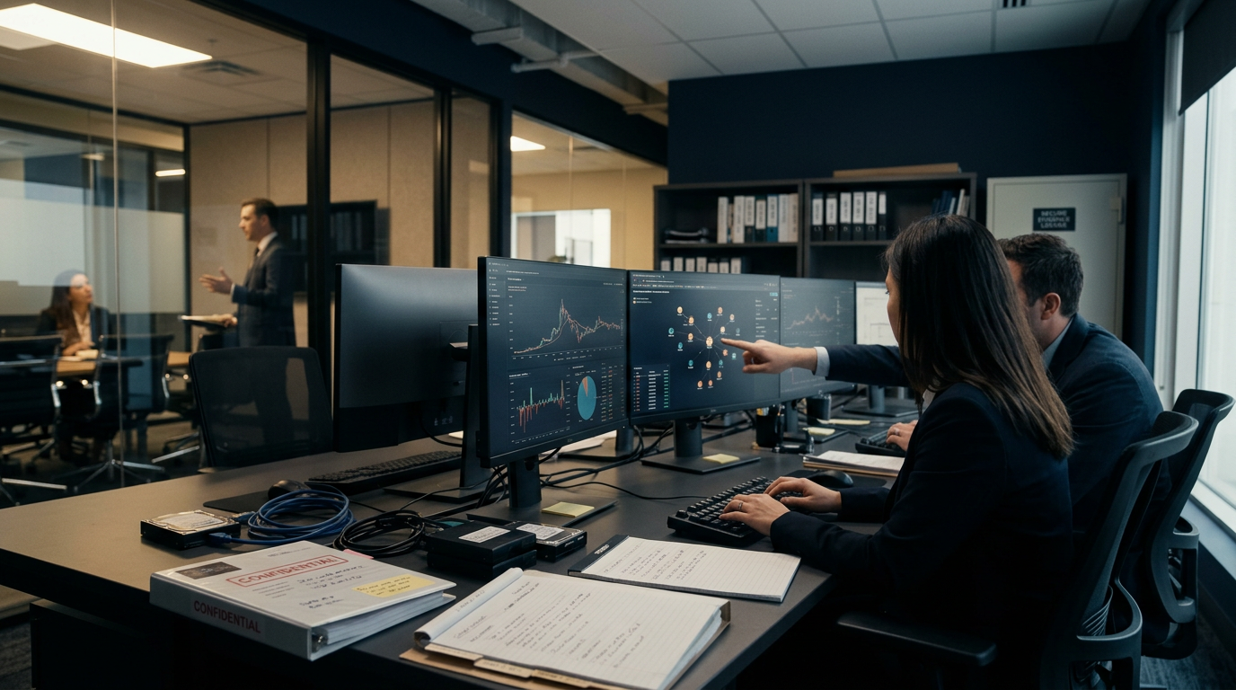 Aegis Financial Forensics analysts collaborating on a cryptocurrency fraud tracing case — pig butchering scam investigation Aegis Financial Forensics analysts collaborating on a cryptocurrency fraud tracing case — pig butchering scam investigation