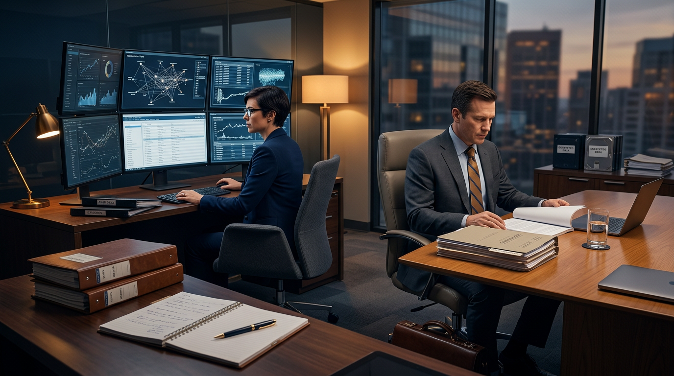 Financial investigator reviewing pig butchering scam statistics 1970 metrics on a digital forensic dashboard Financial investigator reviewing pig butchering scam statistics 1970 metrics on a digital forensic dashboard
