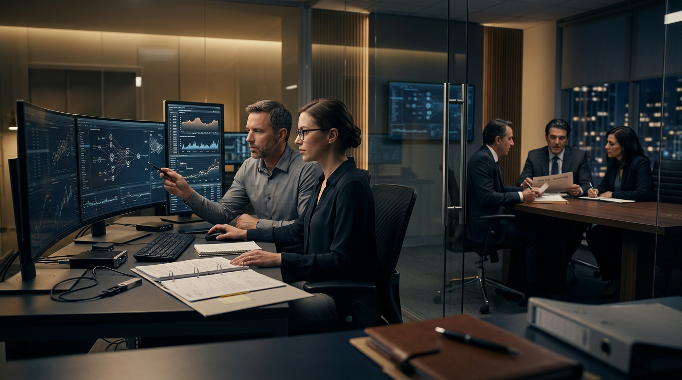 A forensic analyst identifying the red flags of a fake crypto investment platform on a dashboard.