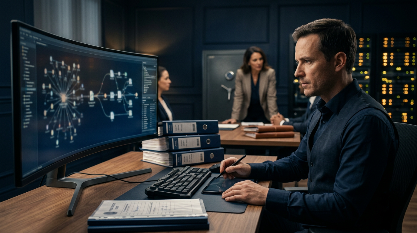 A forensic analyst reviewing blockchain node data for second scam prevention and recovery fraud defense.