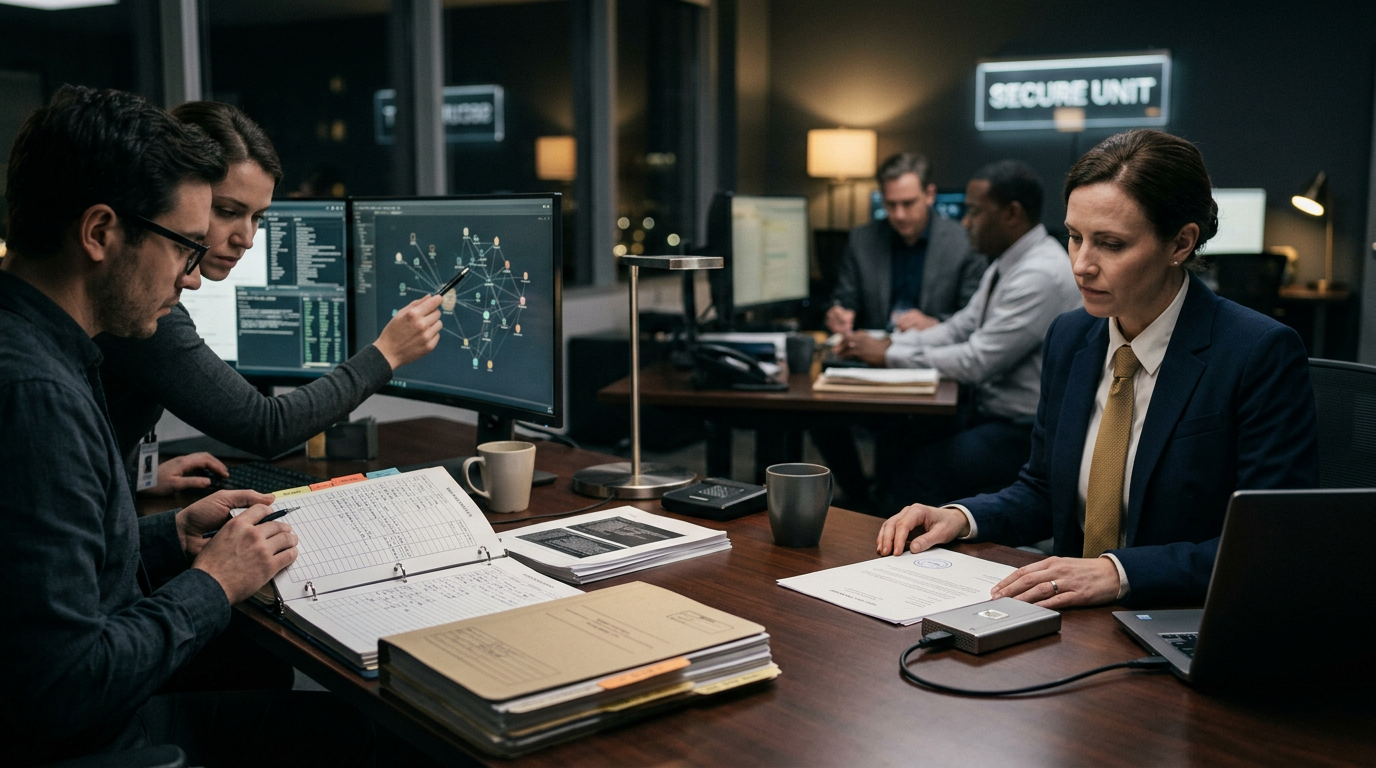 Courtroom setting for a civil cryptocurrency recovery hearing supported by blockchain forensic evidence — seed phrase stolen 