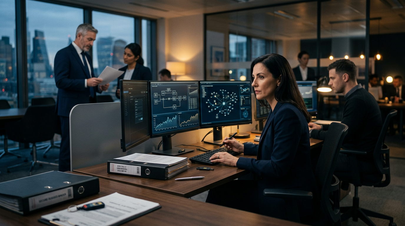 A forensic investigator analyzing social media impersonation crypto scam profiles on a secure computer setup.