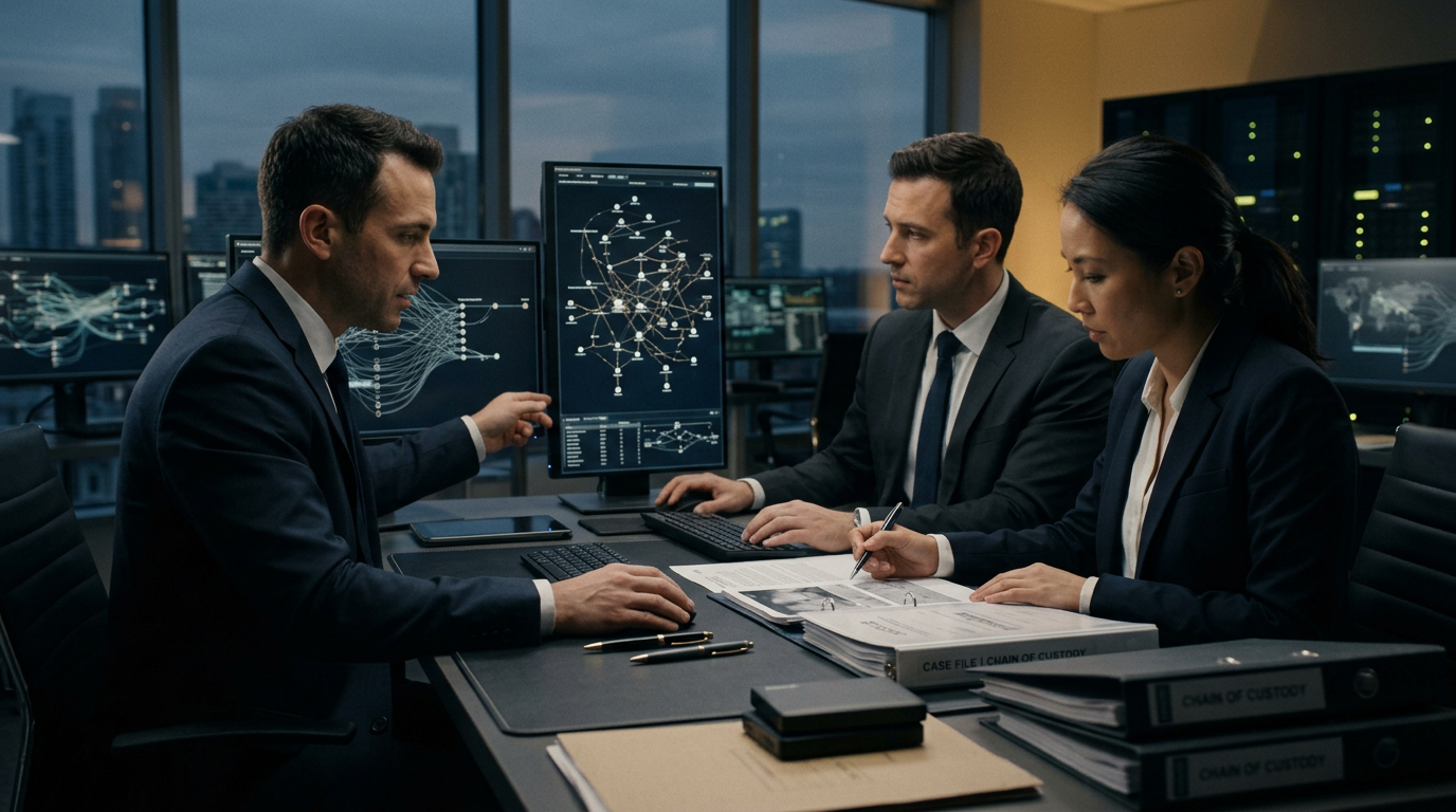 Aegis Financial Forensics analysts collaborating on a cryptocurrency fraud tracing case — stolen bitcoin recovery investigati