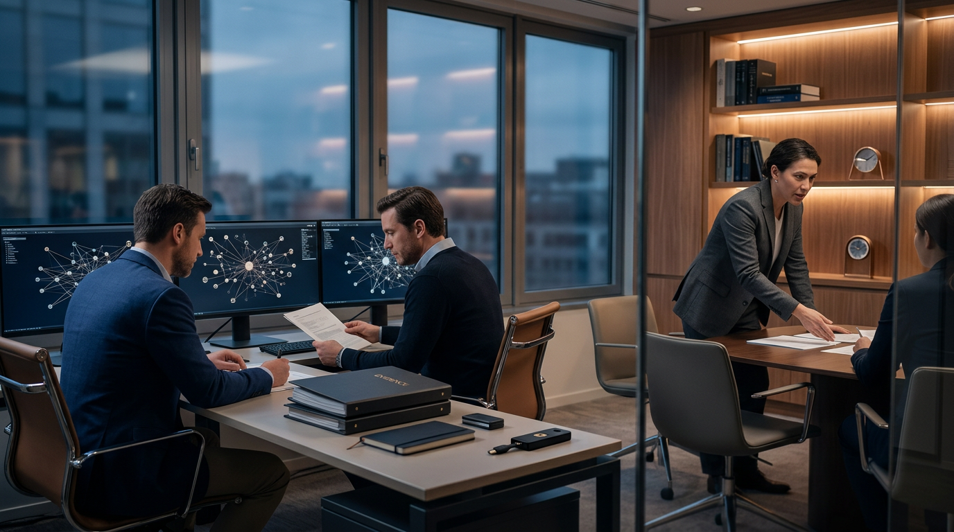 A forensic accountant documenting token presale fraud smart contract code across multiple secure monitors.