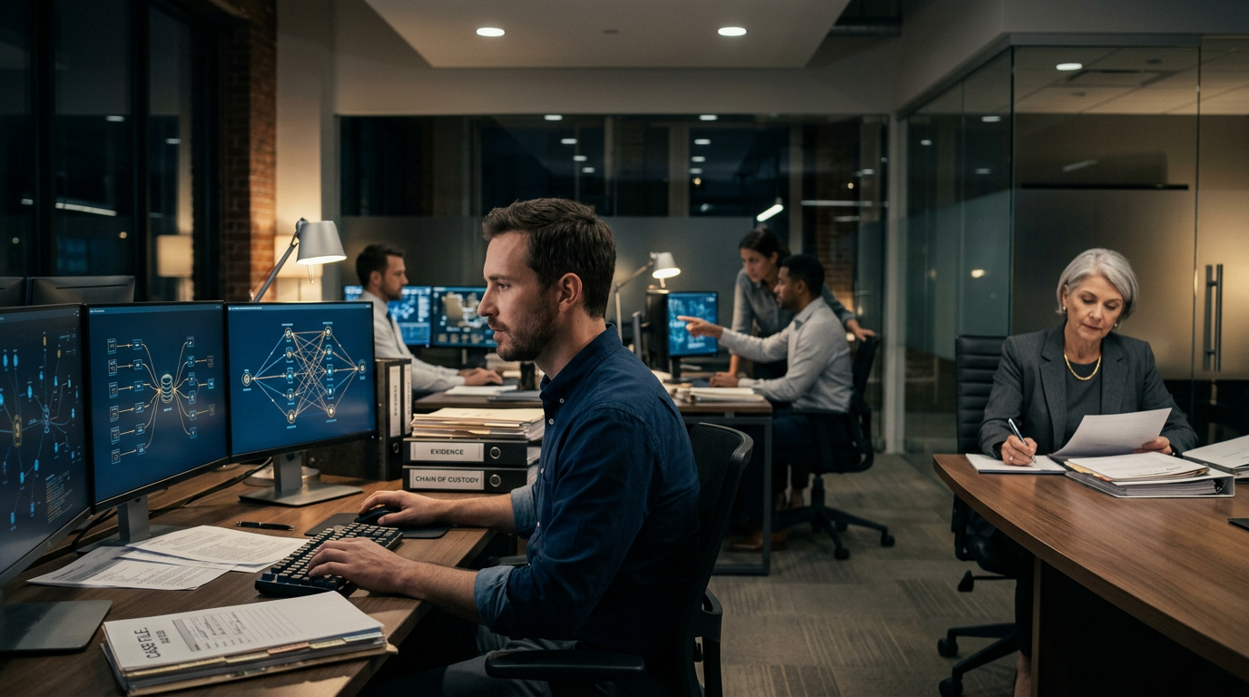 A forensic analyst reviewing Tornado Cash traced funds flow on a dual monitor workstation. A forensic analyst reviewing Tornado Cash traced funds flow on a dual monitor workstation.