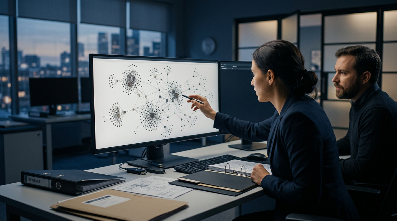 Blockchain forensic analyst performing transaction graph analysis on complex visual wallet networks.