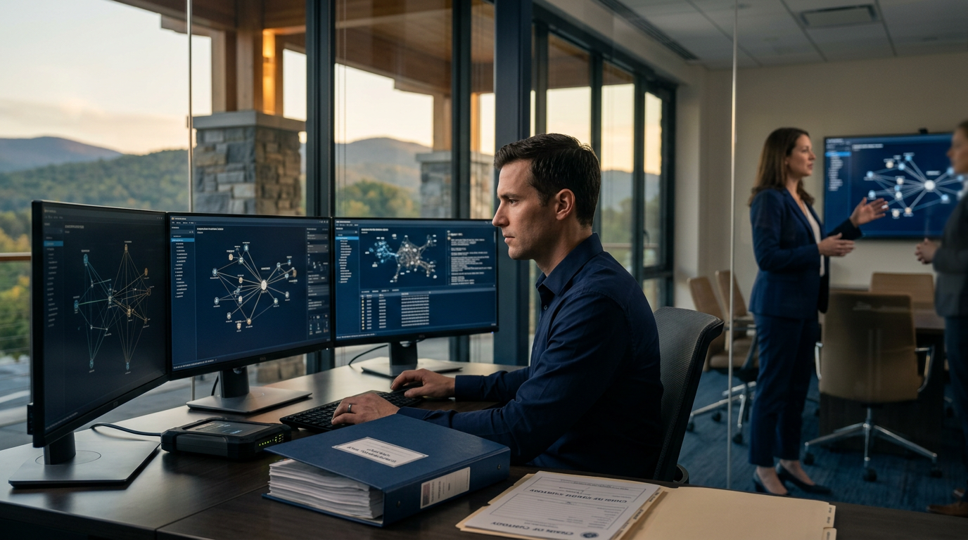 Forensic analyst examining blockchain records to fulfill Vermont cryptocurrency fraud reporting requirements Forensic analyst examining blockchain records to fulfill Vermont cryptocurrency fraud reporting requirements