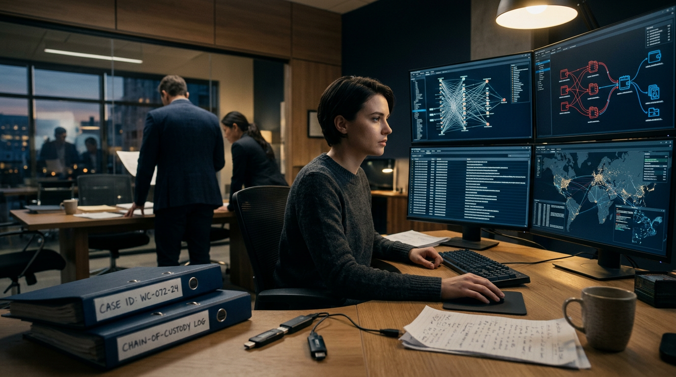 Secure evidence handling for a compromised crypto wallet investigation, showing sealed device and chain-of-custody log