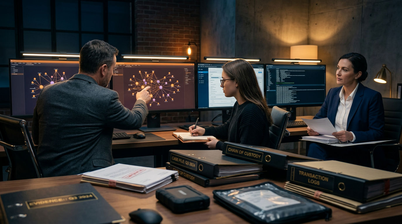Courtroom setting for a civil cryptocurrency recovery hearing supported by blockchain forensic evidence — warning signs of a Courtroom setting for a civil cryptocurrency recovery hearing supported by blockchain forensic evidence — warning signs of a