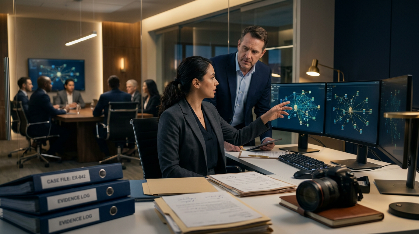 A senior investigator reviewing blockchain forensics transaction graphs on a monitor in a legal office. A senior investigator reviewing blockchain forensics transaction graphs on a monitor in a legal office.