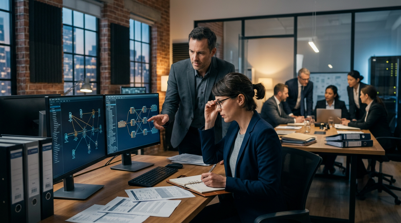 A forensic analyst reviewing what is on-chain attribution data on a multi-monitor blockchain tracing dashboard. A forensic analyst reviewing what is on-chain attribution data on a multi-monitor blockchain tracing dashboard.