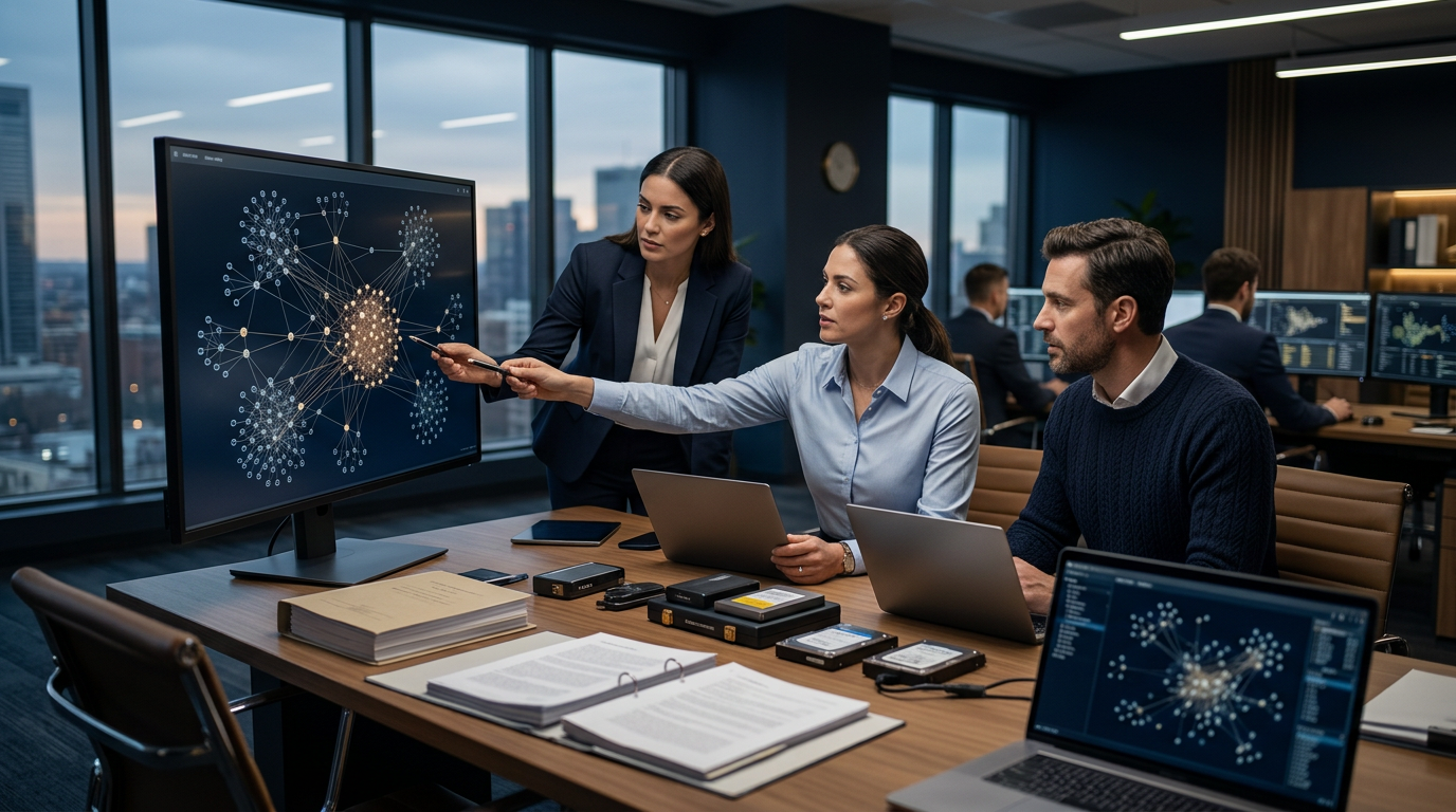 Blockchain forensic analyst researching what is wallet clustering on a multi-monitor display Blockchain forensic analyst researching what is wallet clustering on a multi-monitor display