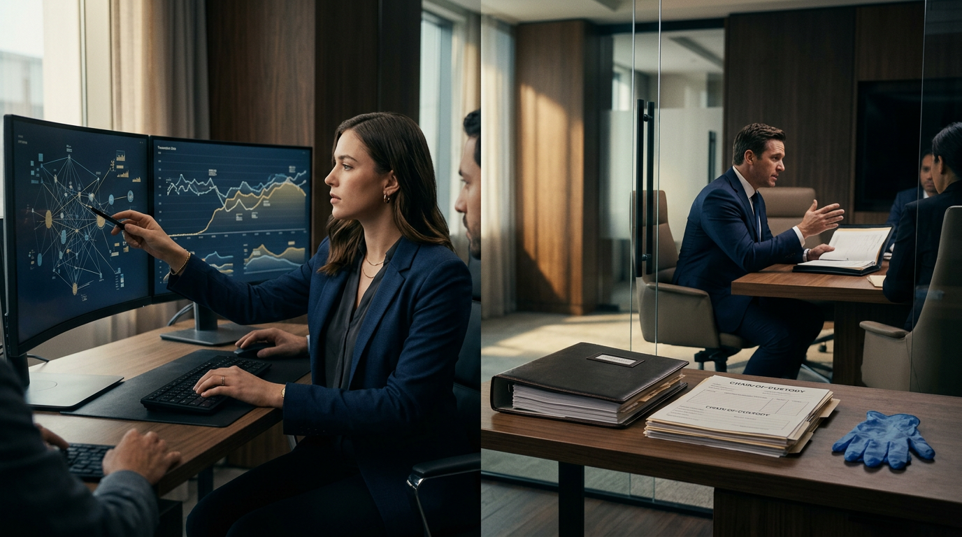 A digital investigator reviewing forensic evidence from a whatsapp investment scam on a dual-monitor workstation.