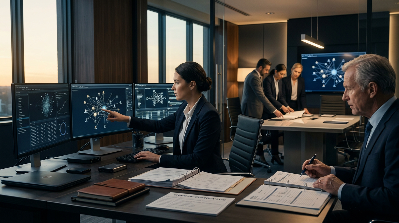 A forensic investigator reviewing Wyoming cryptocurrency fraud reporting requirements on digital financial evidence screens. A forensic investigator reviewing Wyoming cryptocurrency fraud reporting requirements on digital financial evidence screens.