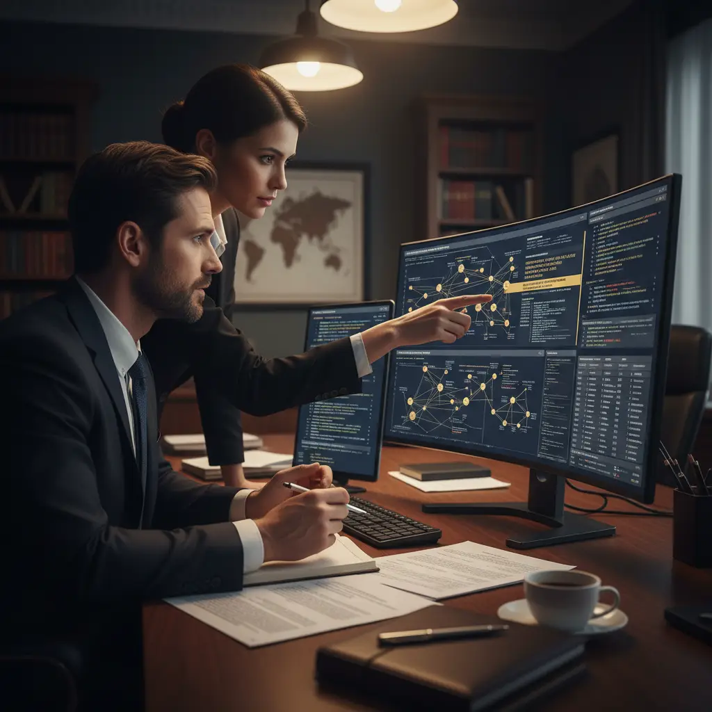 Professionals at Aegis analyzing complex blockchain forensics data, cryptocurrency tracing, digital asset investigation, and chain of custody.
