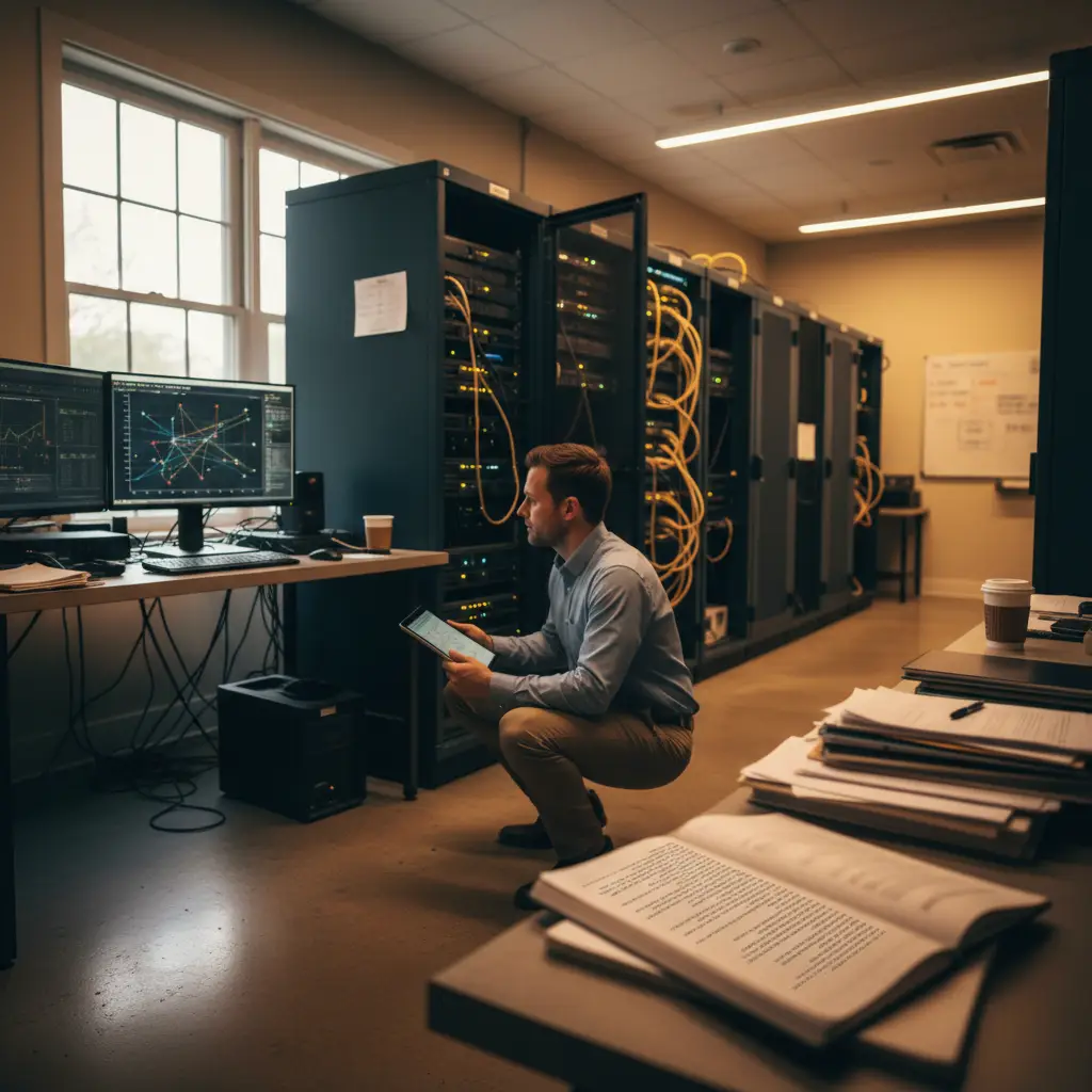 Technician in a realistic server room, ensuring secure digital asset investigation and blockchain forensics for cryptocurrency tracing and chain of custody
