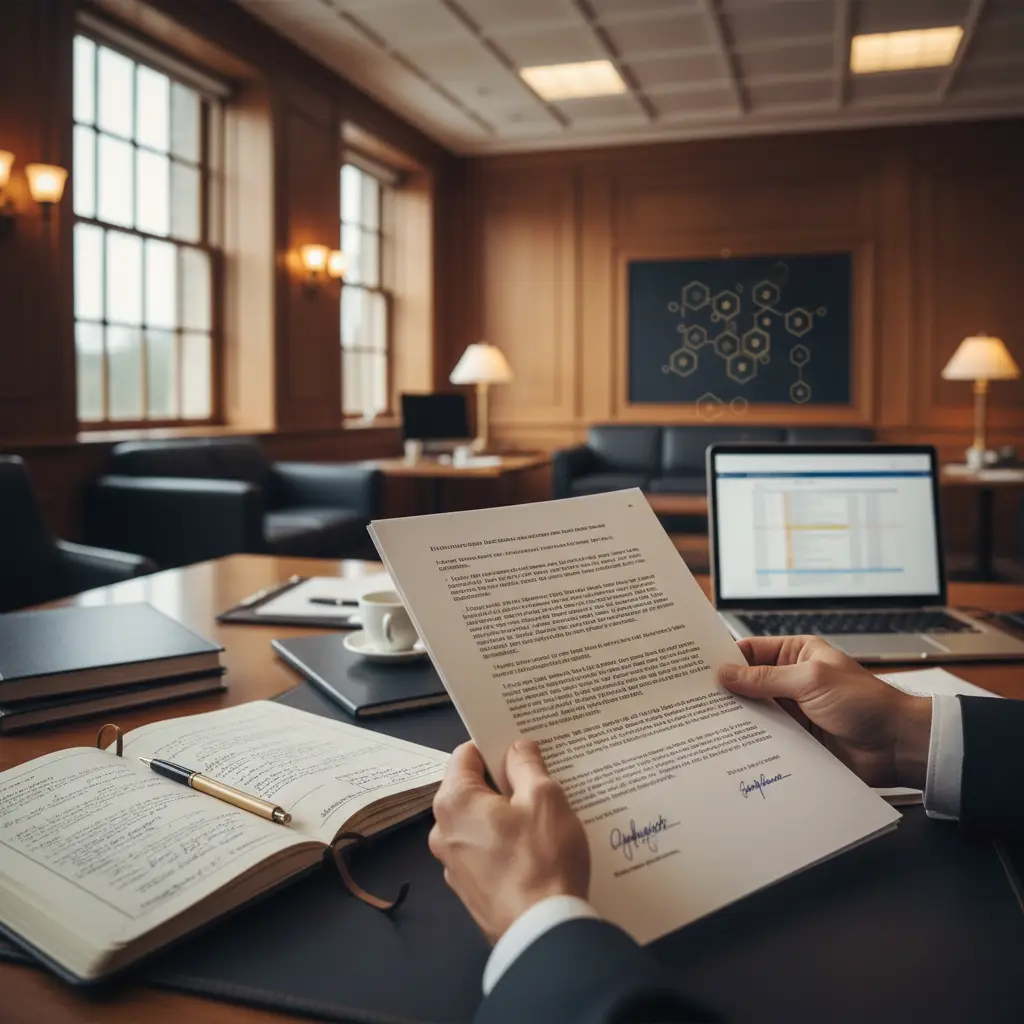Professional's hand holds engagement letter on desk, illustrating digital asset investigation, blockchain forensics, and chain of custody for expert witnes