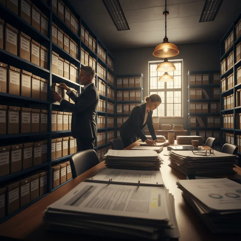 Archive vault with file boxes, symbolizing secure chain of custody for digital asset investigation, cryptocurrency tracing, and blockchain forensics expert