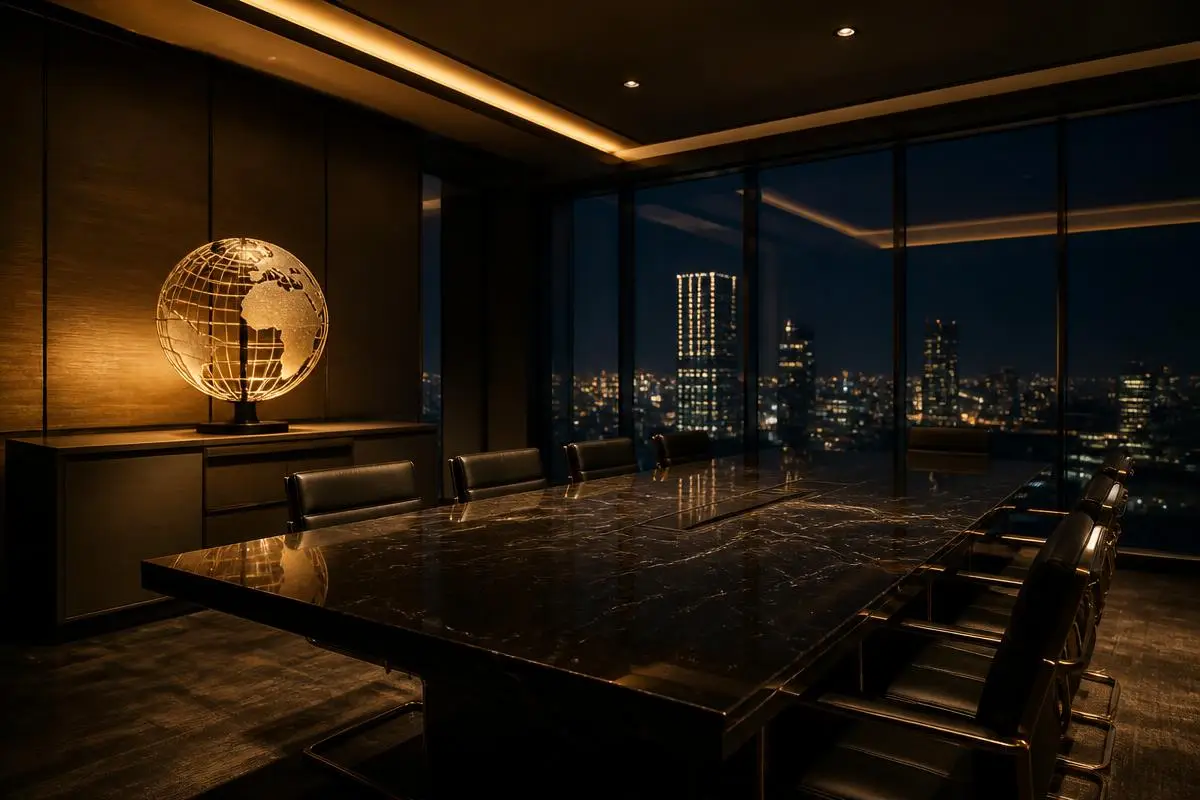 Executive boardroom overlooking a city skyline at night with an illuminated globe, representing Aegis Financial Forensics cross-jurisdictional casework