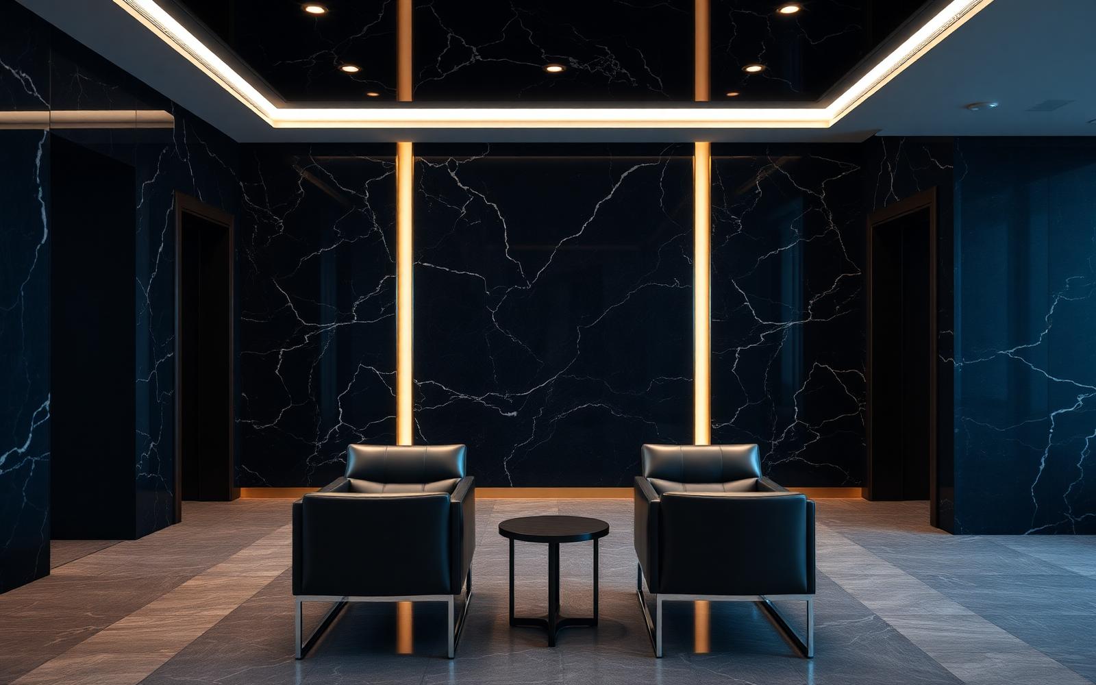 Modern minimalist Aegis Financial Forensics office lobby with dark marble and gold accent lighting in Atlanta Georgia