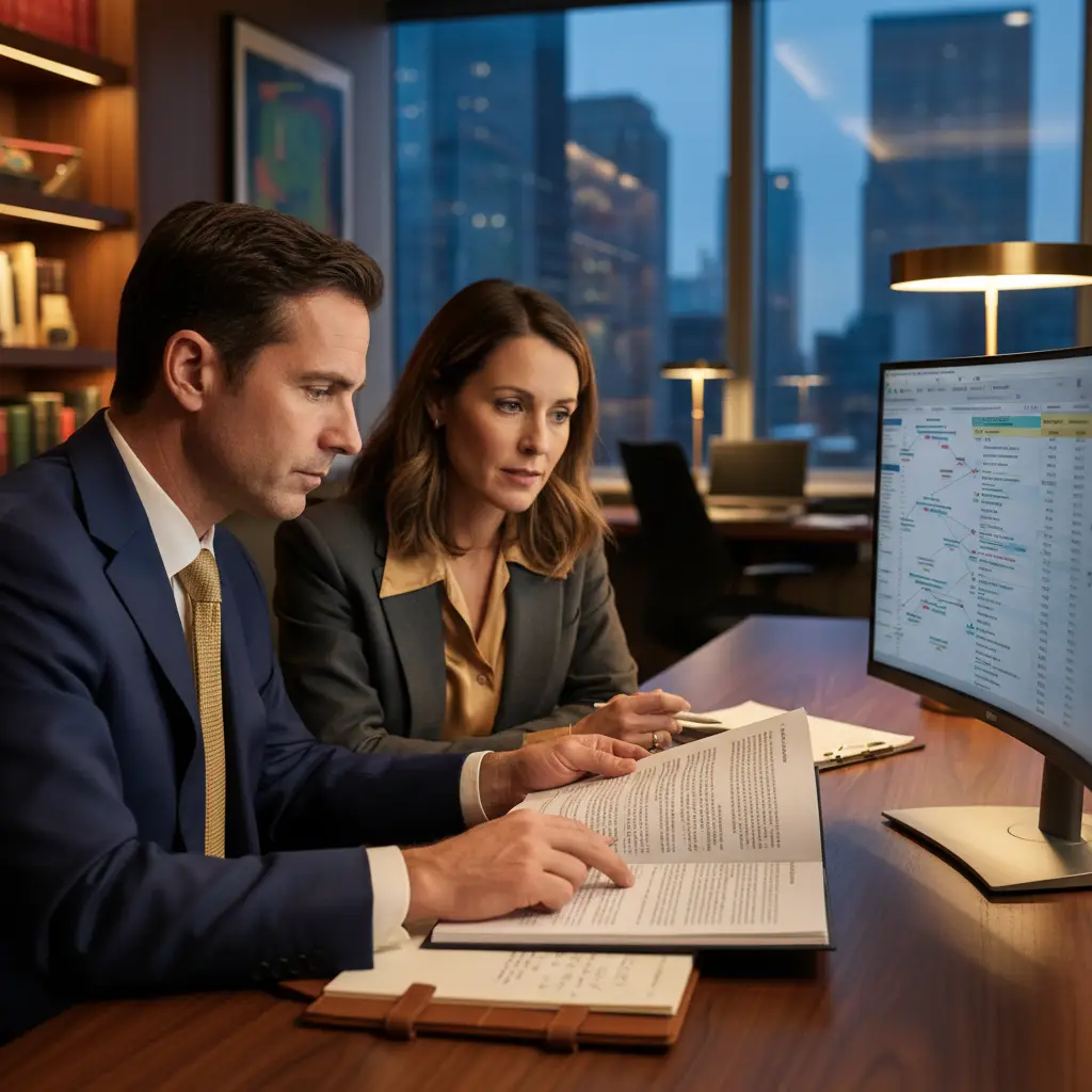 Two experts conduct digital asset investigation, reviewing a clear document for blockchain forensics and cryptocurrency tracing, ensuring chain of custody.