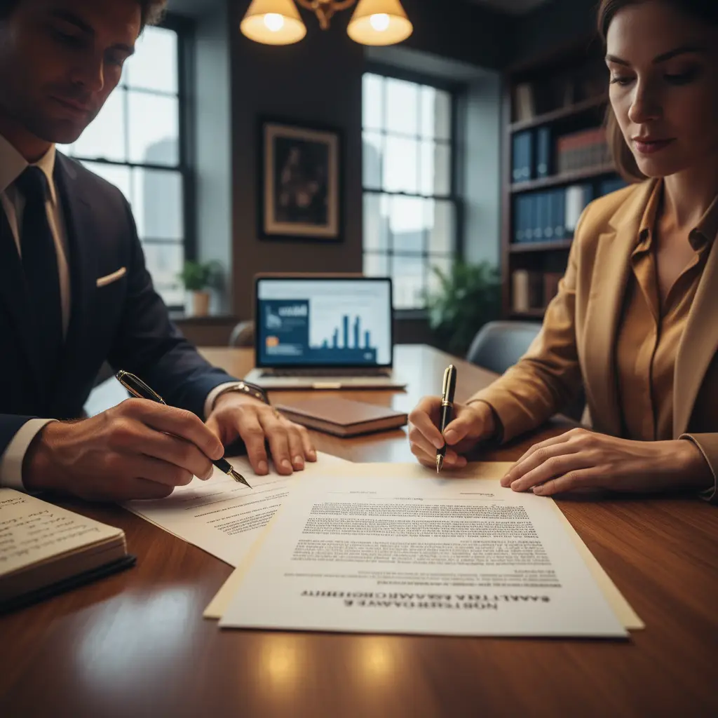 Professionals signing a legal document, symbolizing the meticulous chain of custody in blockchain forensics and digital asset investigation, for expert wit