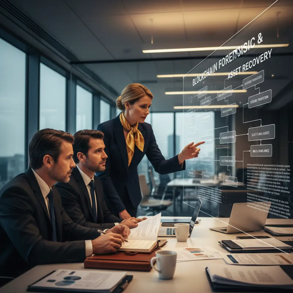 Professionals discuss blockchain forensics & cryptocurrency tracing in a conference room, detailing digital asset investigation for expert witness & chain