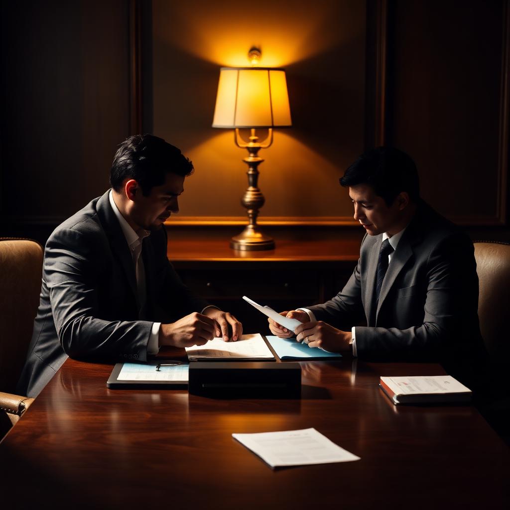Confidential blockchain forensic consultation between Aegis analyst and client counsel at dark walnut table