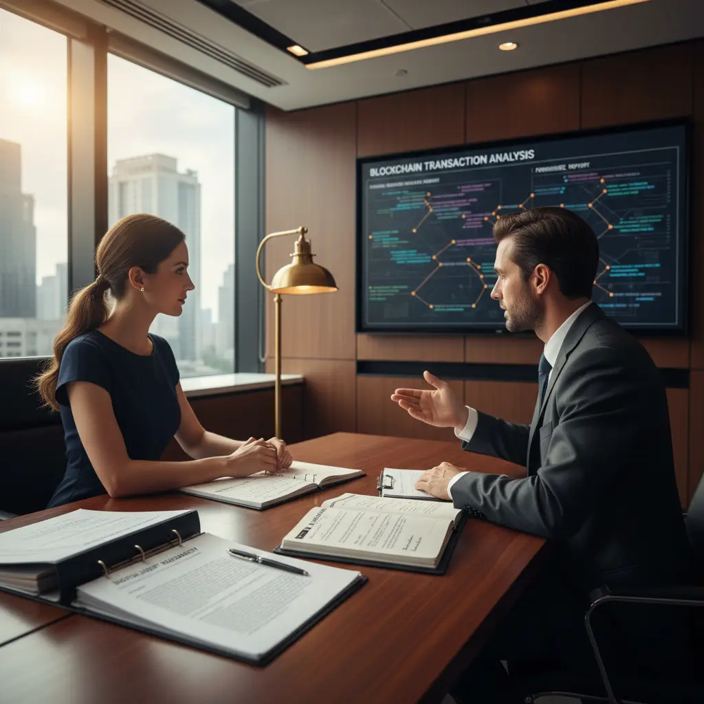 Legal professional discusses blockchain forensics, cryptocurrency tracing, and digital asset investigation with a client; chain of custody visible.