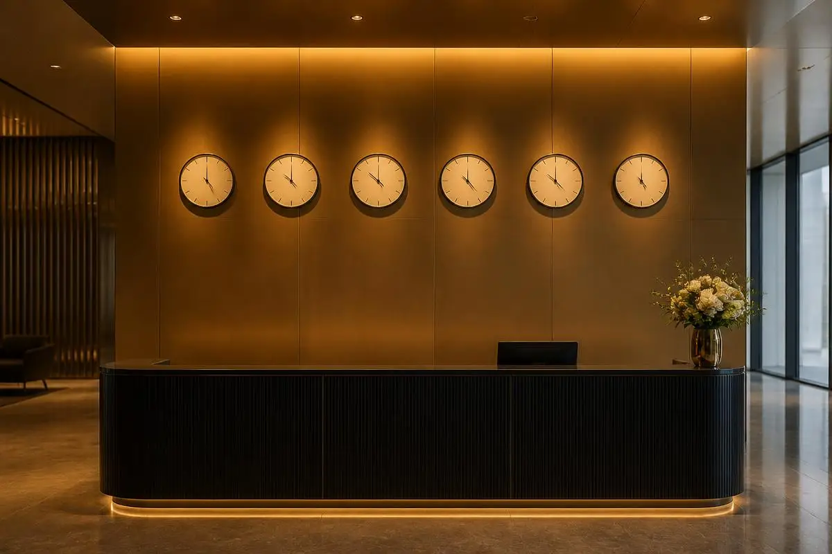Corporate reception wall of international time-zone clocks representing cross-border coordination in Aegis Financial Forensics investigations