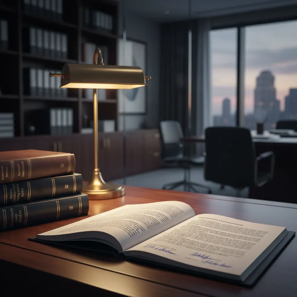 Open litigation file of printed pleadings and exhibit tabs under a brass lamp, representing Aegis Financial Forensics expert witness and litigation support work