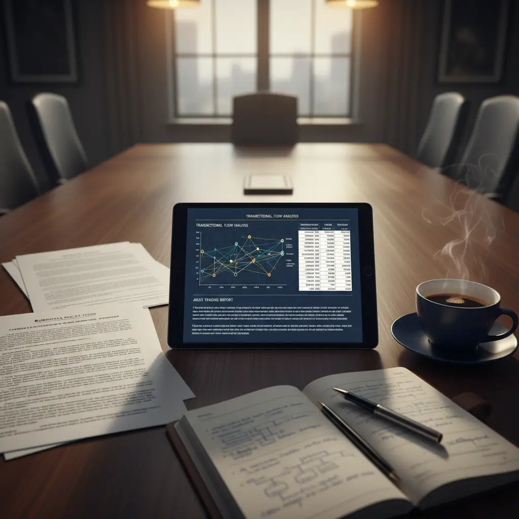 Engagement paperwork and a tablet of tracing data prepared for a blockchain forensic instruction