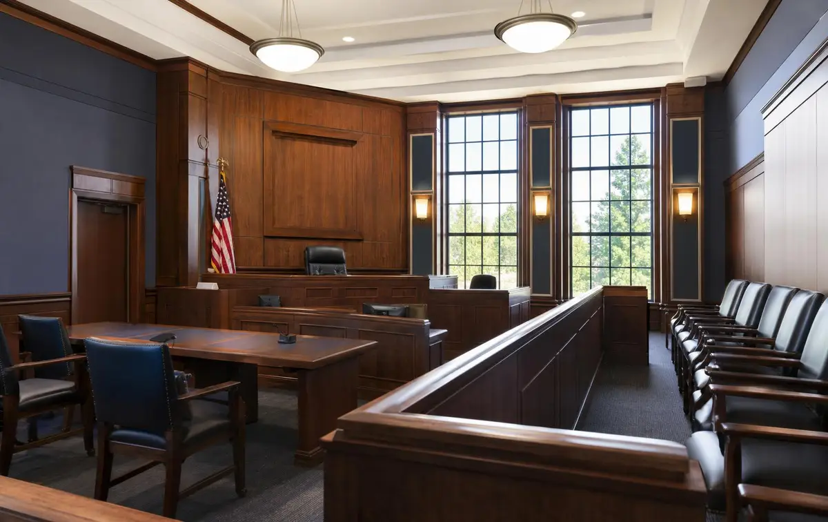 Wood-panelled courtroom where blockchain forensic findings are presented as expert witness testimony