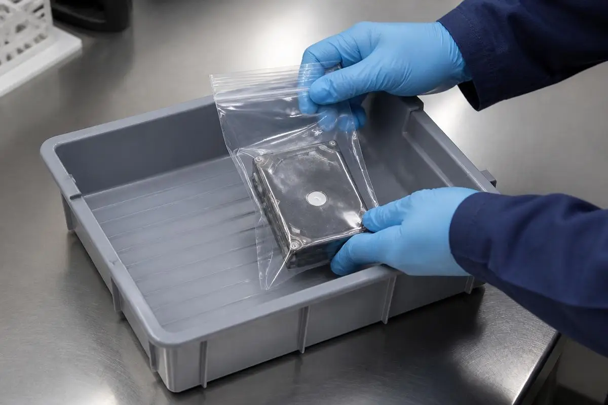 Gloved forensic examiner sealing a hard drive in an evidence bag to preserve chain of custody in a blockchain investigation