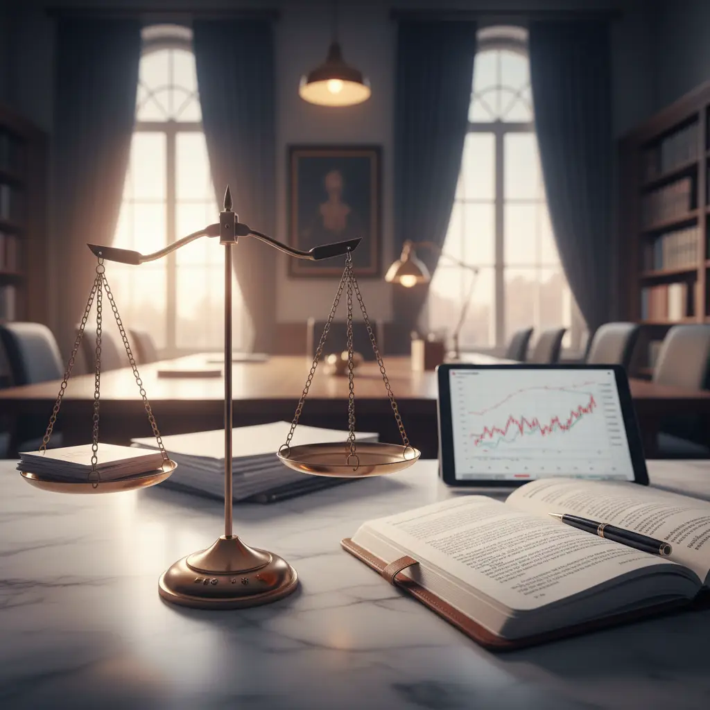 Brass scales of justice beside a legal notebook, representing evidentiary standards in blockchain forensics