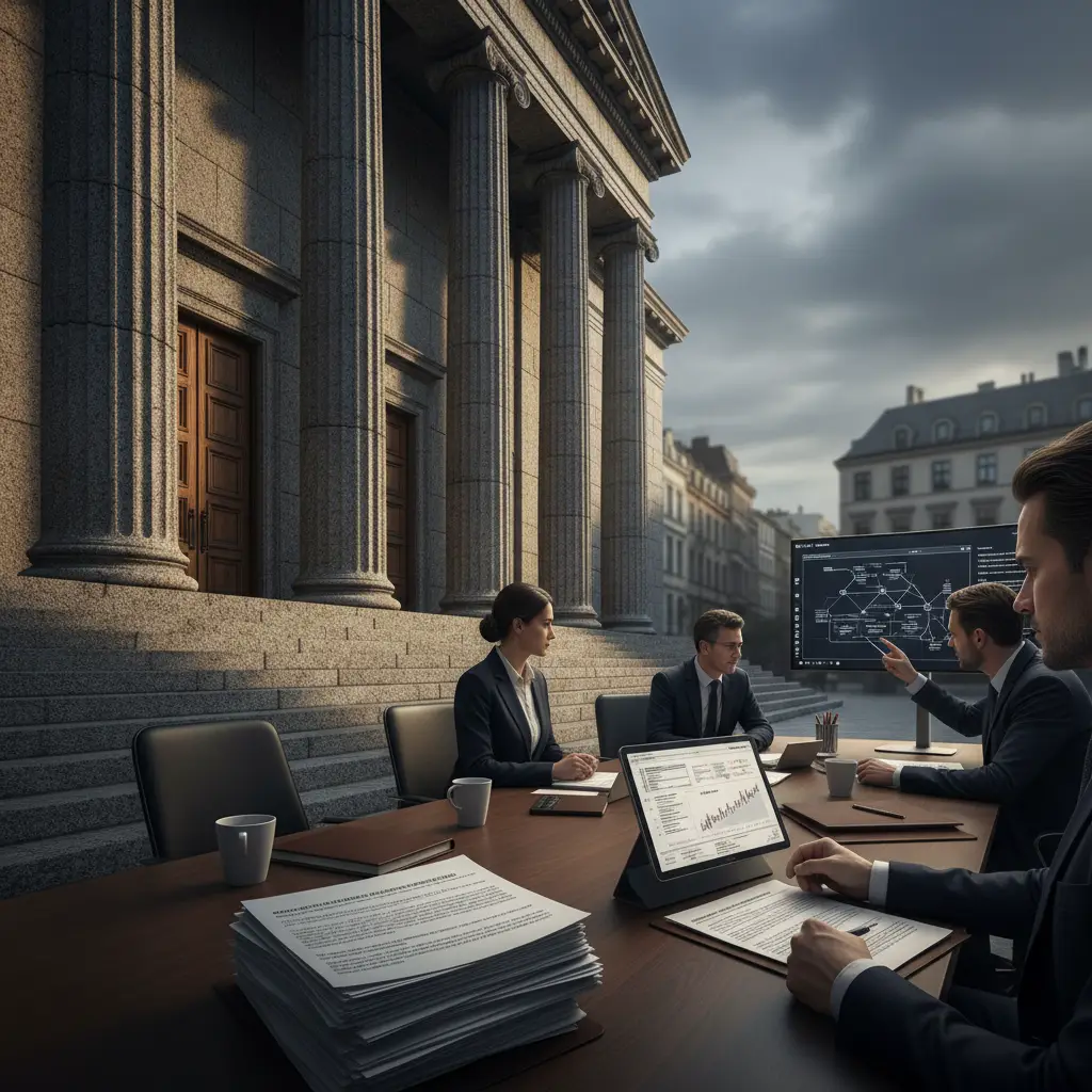 Courthouse steps and stone pillars representing the legal route that follows a blockchain forensic report