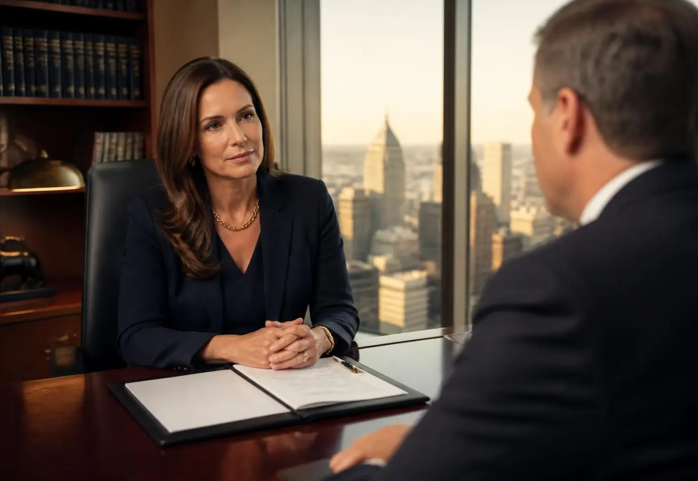 Senior forensic analyst reviewing a client's digital asset loss case file in the Aegis Financial Forensics New York office