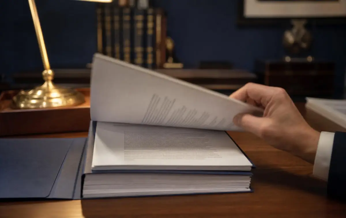 Open evidence binder on a legal desk holding an exhibit-ready blockchain forensic tracing report