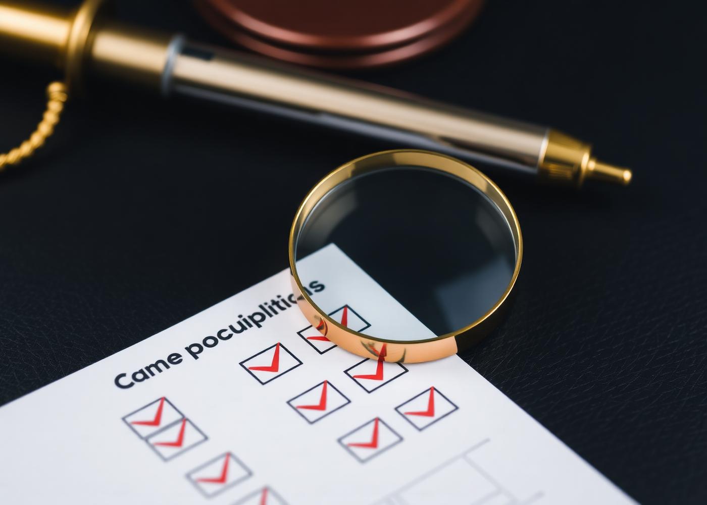 Gold magnifying glass over a compliance checklist representing anti-money-laundering source of funds analysis