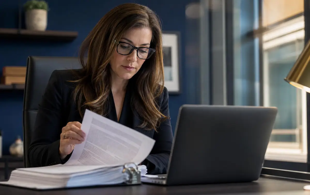 Compliance analyst reviewing source-of-funds and sanctions screening reports during an AML blockchain forensics review for a regulated institution