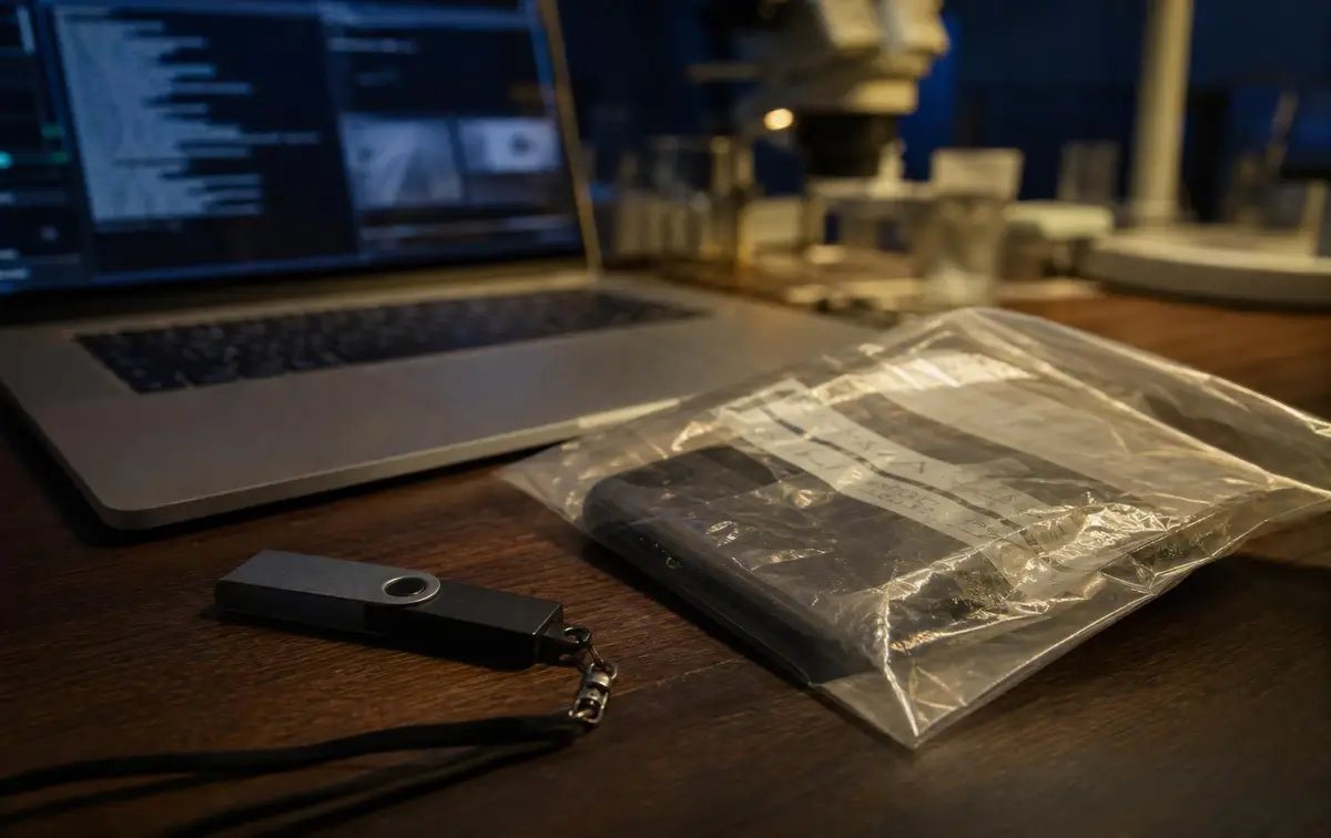 Hardware wallet and secured laptop under lock during a wallet compromise forensic investigation into drainer approvals and private-key exposure