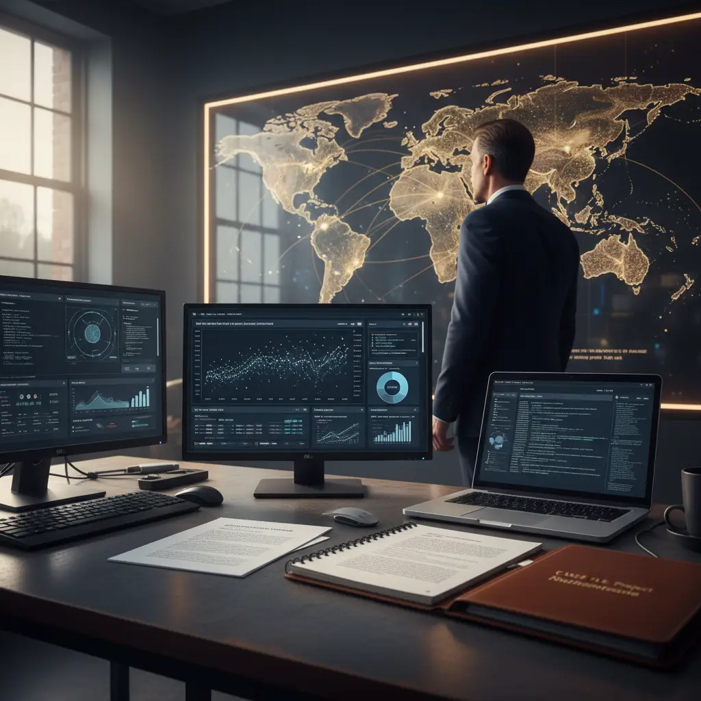 Analyst tracing cryptocurrency movement across exchanges on an illuminated world map